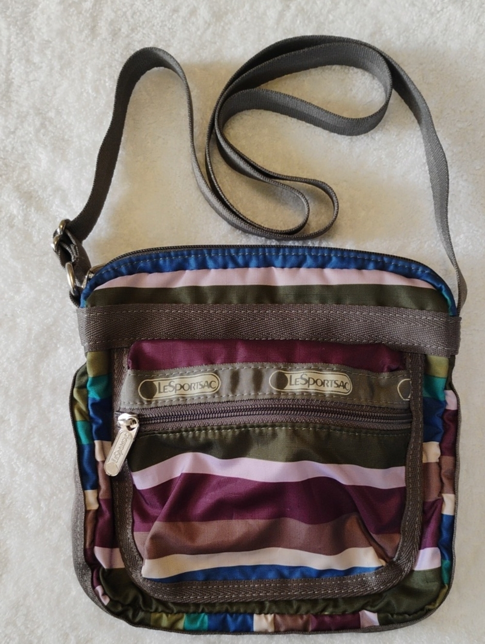 Lesportsac Purple Pink and Olive Green 8 In Square Bag Adjustable Strap Nylon